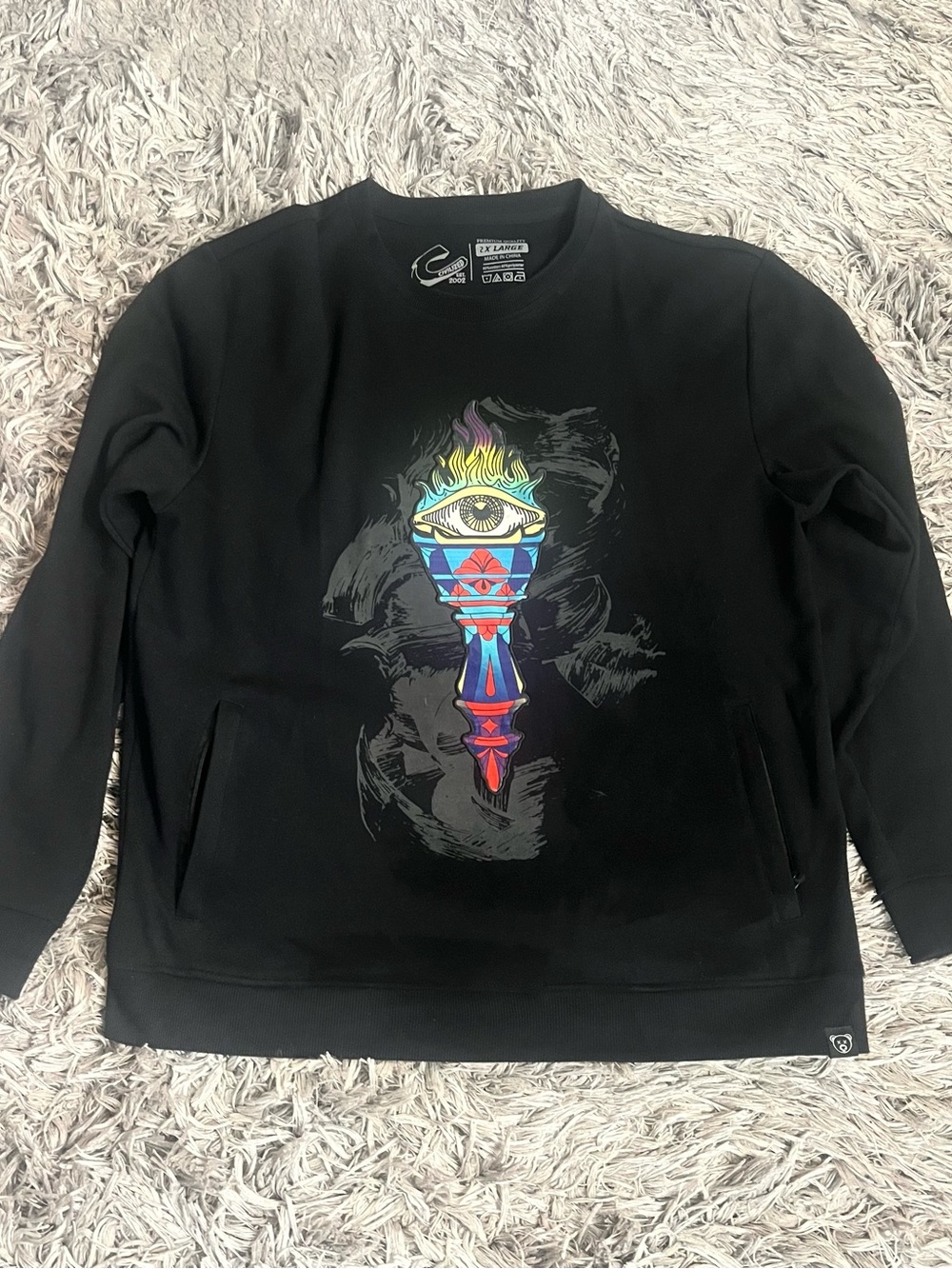 Civilized Black Graphic Crewneck Sweatshirt with Multicolored Motif 2XL